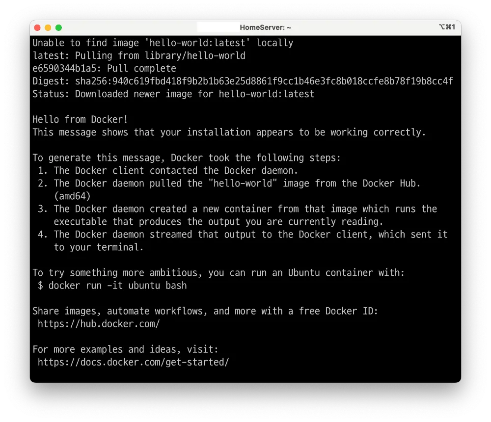 ‘sudo docker run hello-world’ 명령어 실행 후 “Hello from Docker!” 메시지가 출력된 터미널 스크린샷