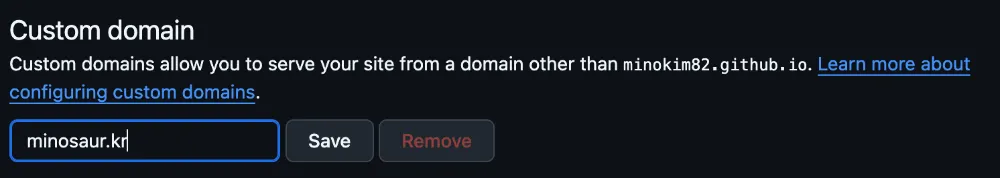 GitHub 저장소의 Settings > Pages 페이지를 보여줍니다. ‘Custom domain’이라는 제목 아래 입력창에 ‘www.example.com’이 입력되어 있고, 오른쪽에 ‘Save’ 버튼이 활성화된 모습