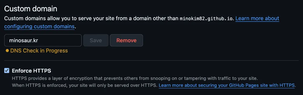 GitHub Pages 설정의 ‘Enforce HTTPS’ 체크박스가 활성화된 화면
