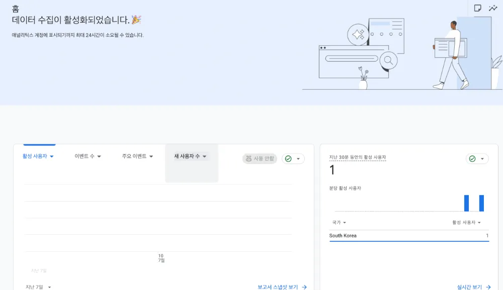 구글 애널리틱스의 실시간 보고서 화면. ‘지난 30분간의 사용자’ 카드에 ‘1’이라는 숫자가 표시되어 있고, 방문자의 위치가 지도로 나타나는 모습
