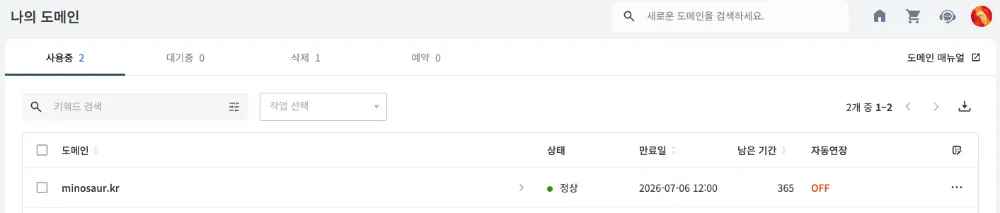 사용자가 보유한 도메인 목록이 나열되어 있으며, 각 도메인의 만료일과 상태를 한눈에 볼 수 있는 화면