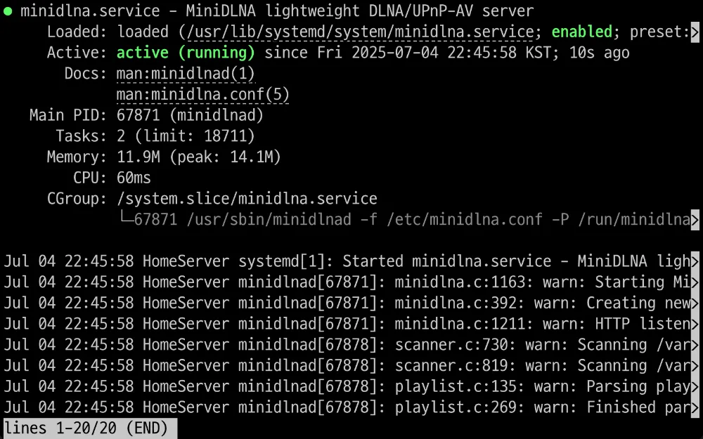 systemctl status minidlna 명령어 실행 결과, 서비스 상태가 ‘active (running)‘으로 녹색으로 표시된 터미널 화면